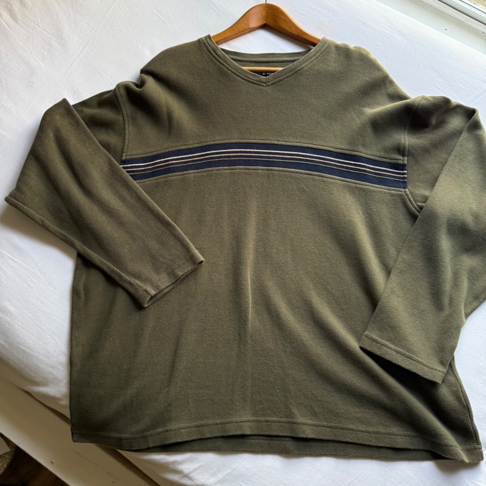 Roundtree & Yorke Mens XL Olive Green Ribbed Cotton V-Neck Striped Sweater
